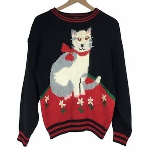 VINTAGE Christmas Sweater Cat Jingle Bell Flowers Hasting & Smith Size Medium